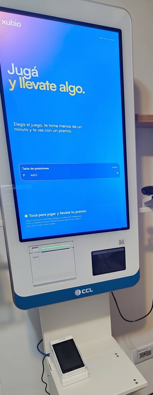 Tótem de Xubio con la pantalla de inicio, impresora, lector de QR y posnet